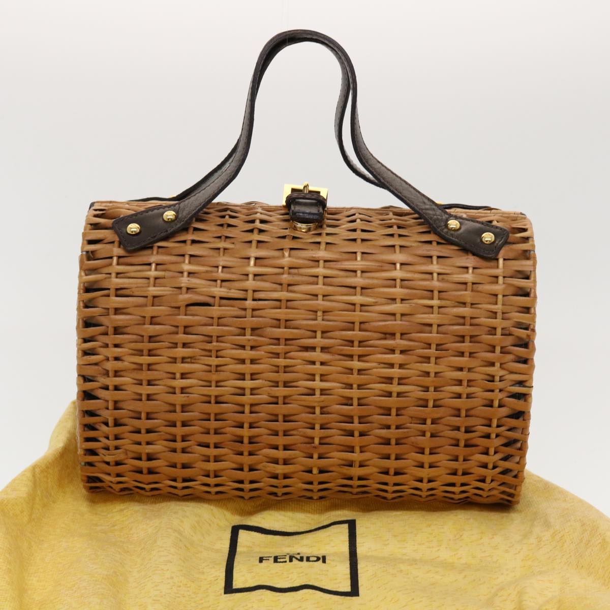 FENDI Straw Bag Zucca Canvas Hand Bag Rattan Brown 44394