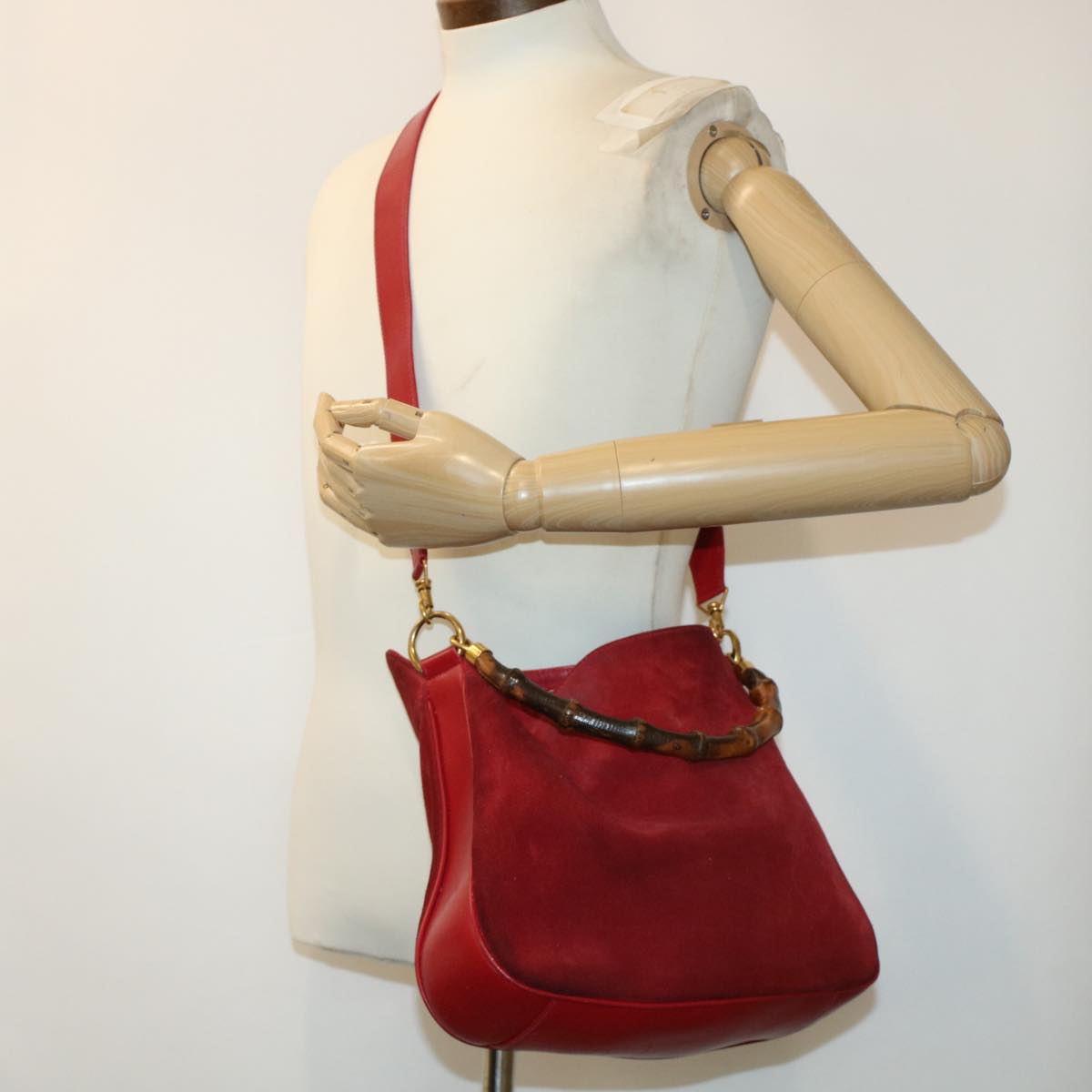 GUCCI Bamboo Hand Bag Suede 2way Shoulder Bag Red 44513