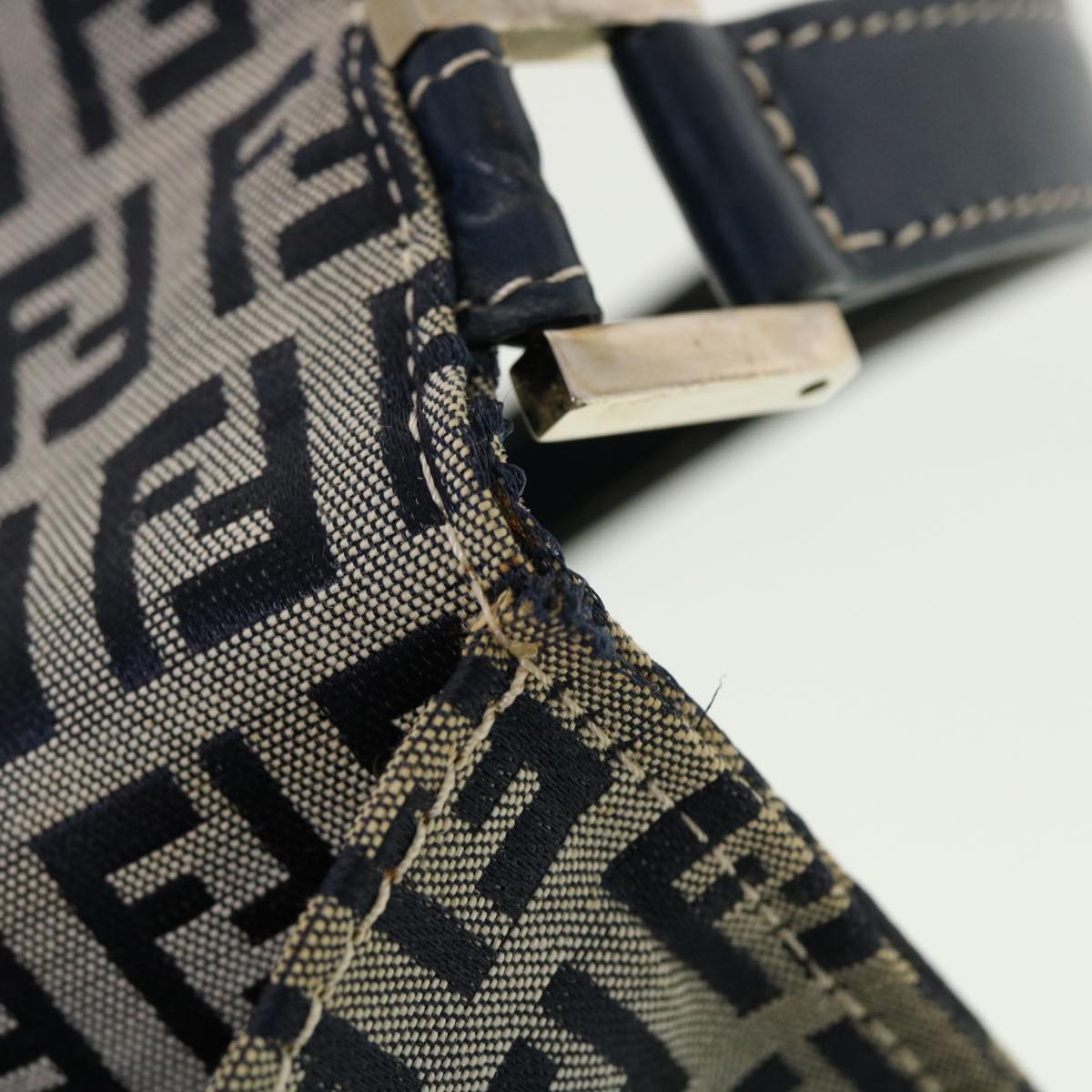 FENDI Mamma Baguette Zucchino Canvas Shoulder Bag Navy 44520