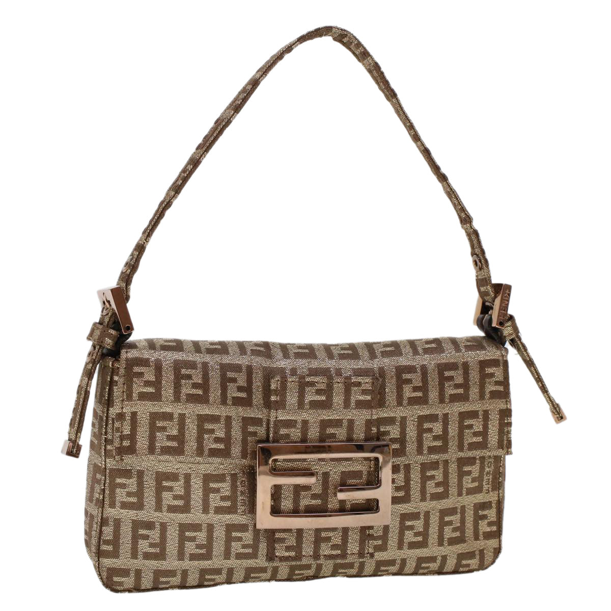 FENDI Zucchino Canvas Mini Mamma Baguette Pouch Gold Tone 45633A