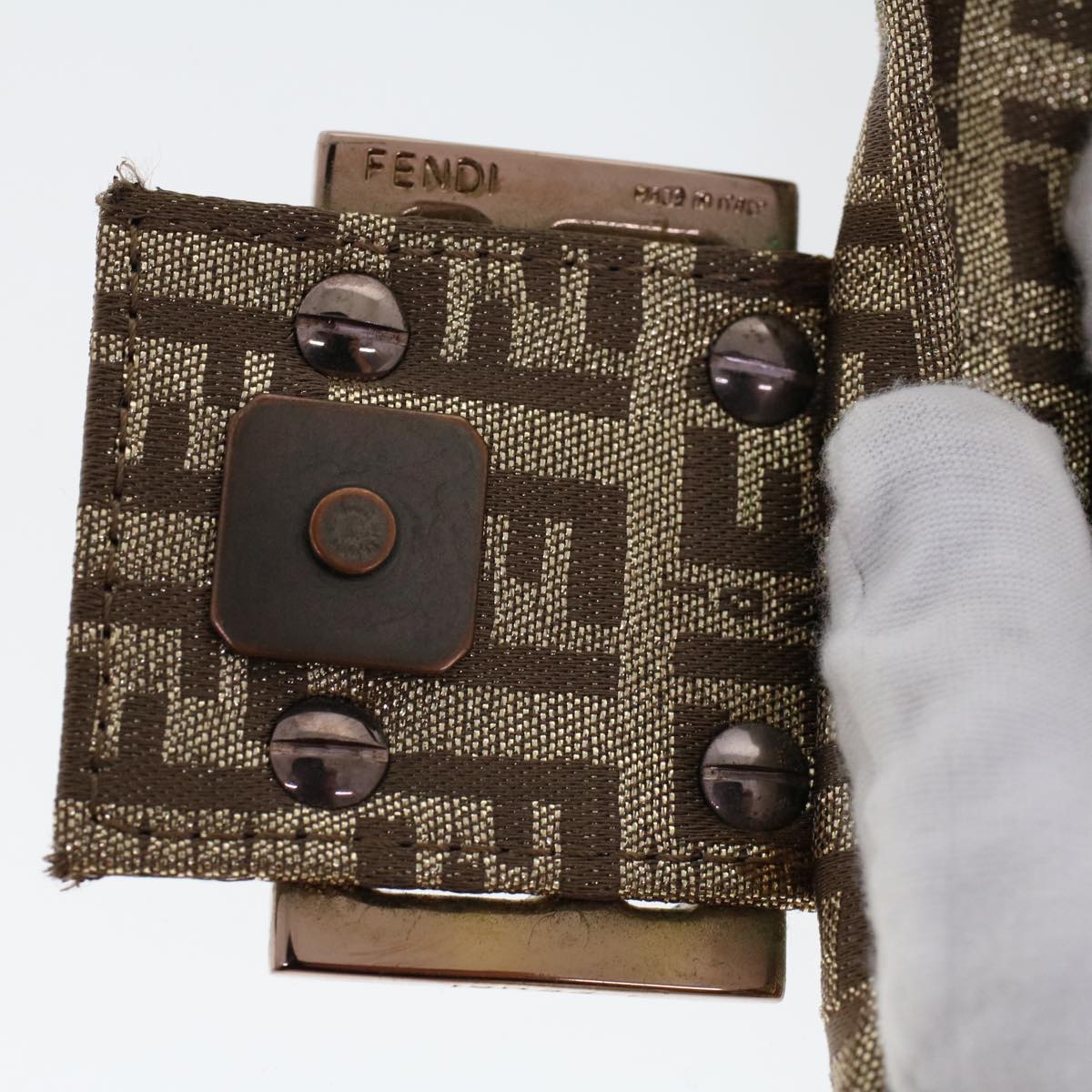 FENDI Zucchino Canvas Mini Mamma Baguette Pouch Gold Tone 45633A