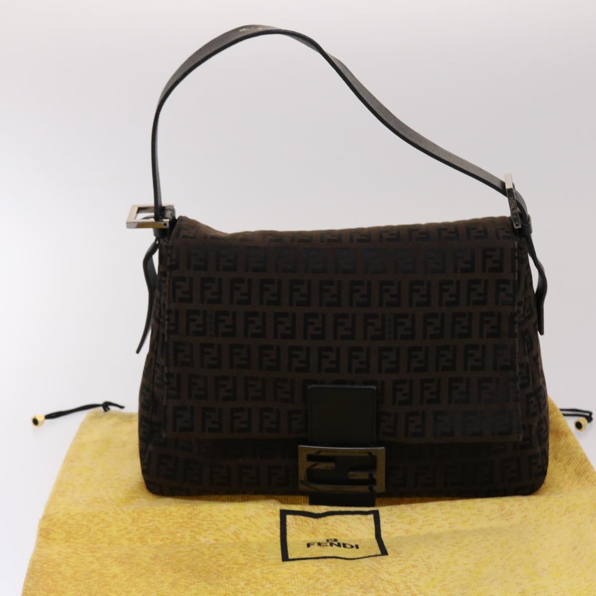 FENDI Zucchino Canvas Mamma Baguette Shoulder Bag Brown 45656