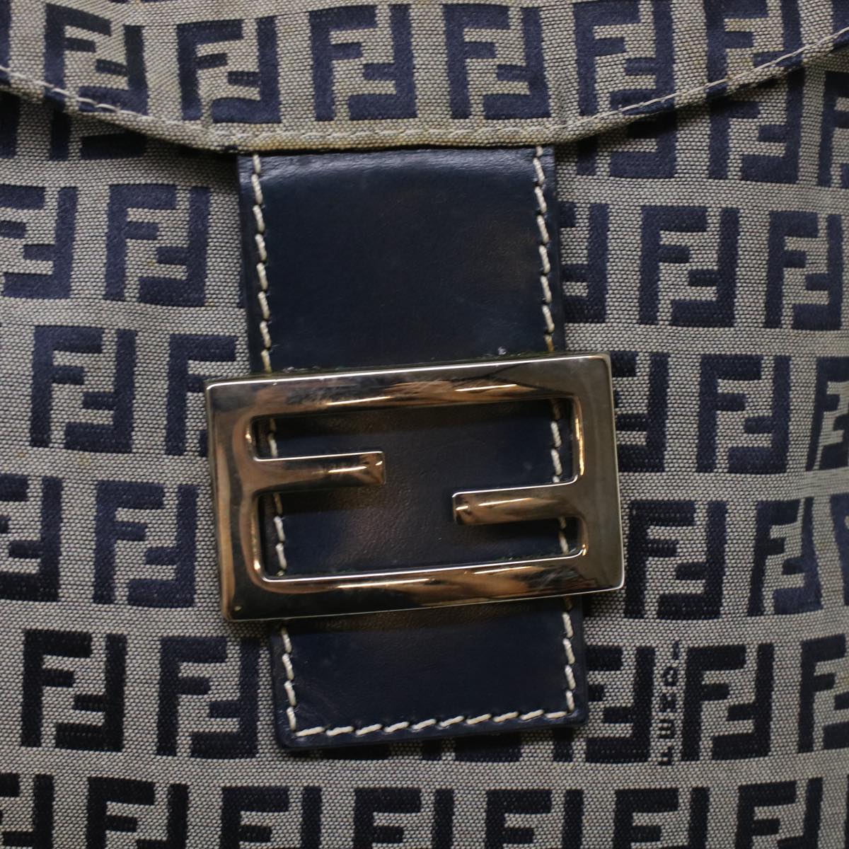 FENDI Zucchino Canvas Mamma Baguette Shoulder Bag Leather Navy 45956