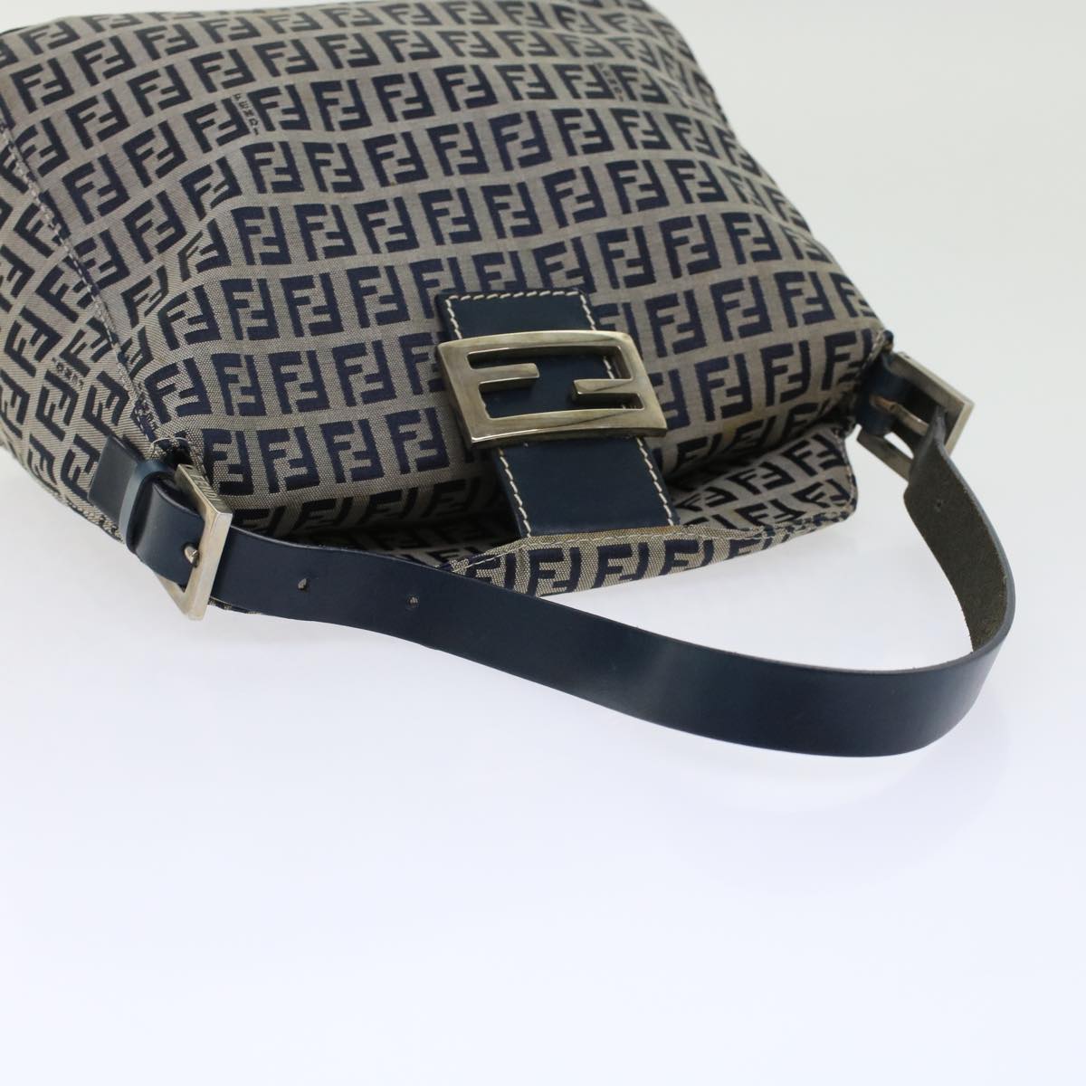FENDI Zucchino Canvas Mamma Baguette Shoulder Bag Leather Navy 45956