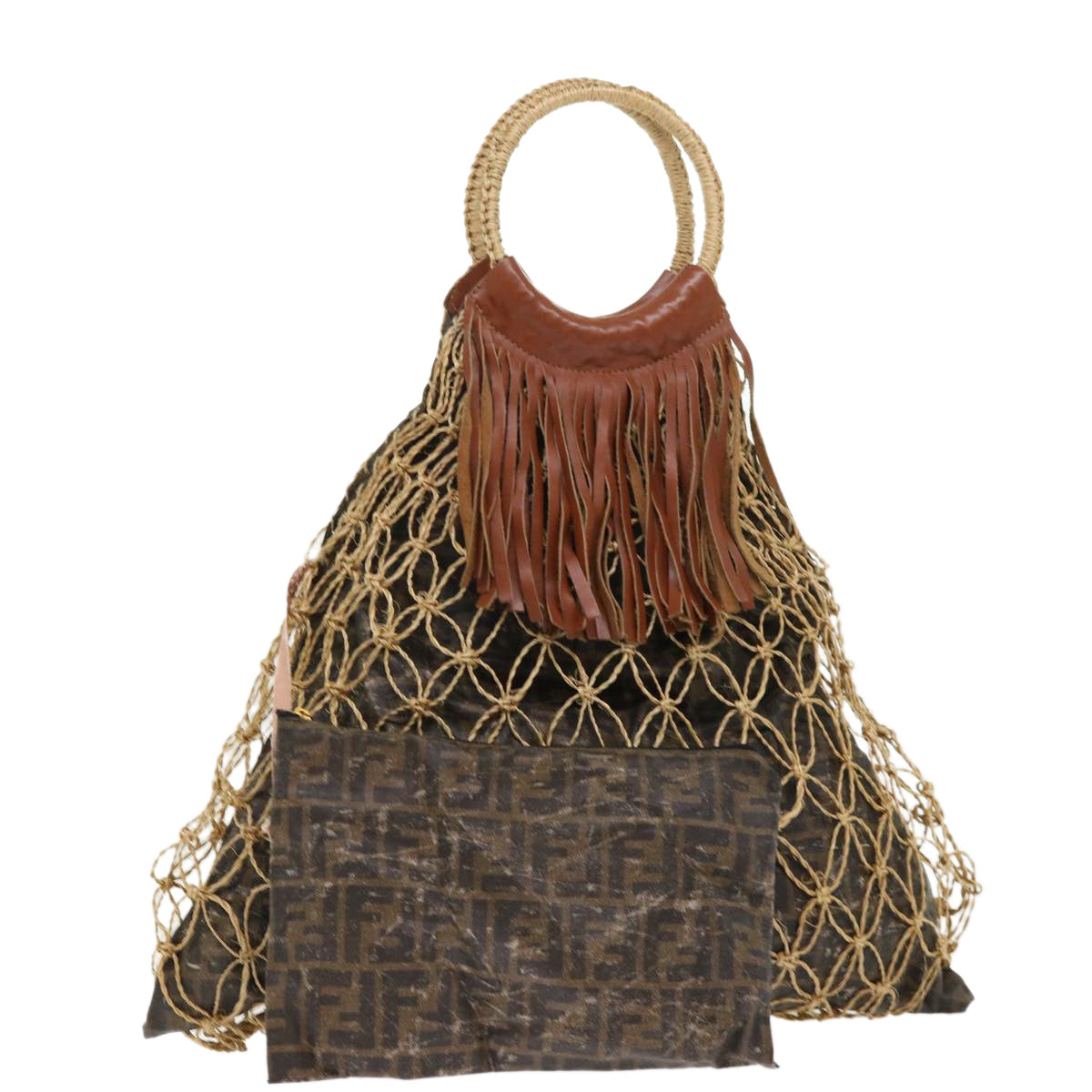 FENDI Zucca Canvas Hand Bag Straw Brown Black 46675