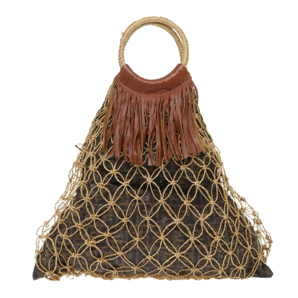 FENDI Zucca Canvas Hand Bag Straw Brown Black 46675