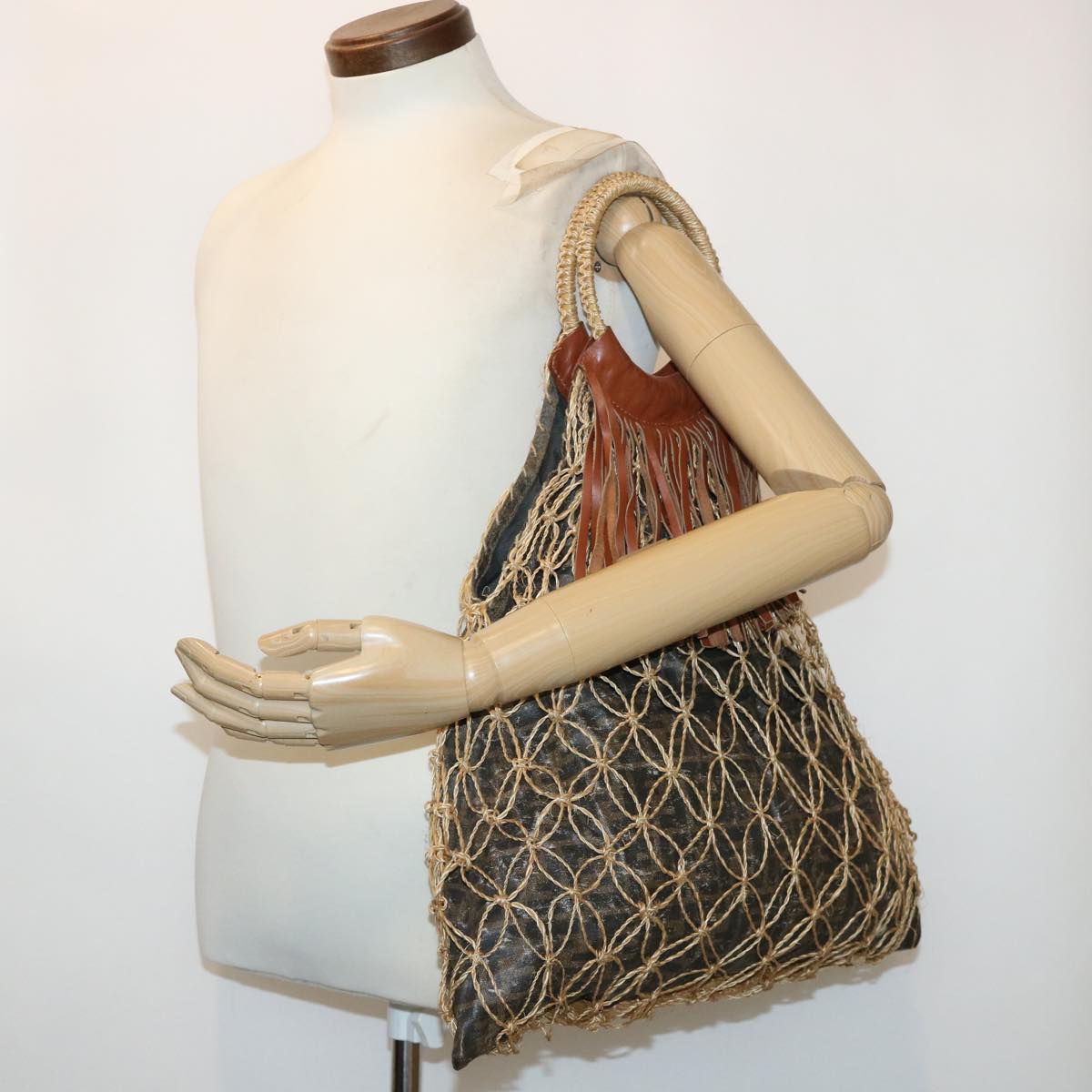 FENDI Zucca Canvas Hand Bag Straw Brown Black 46675