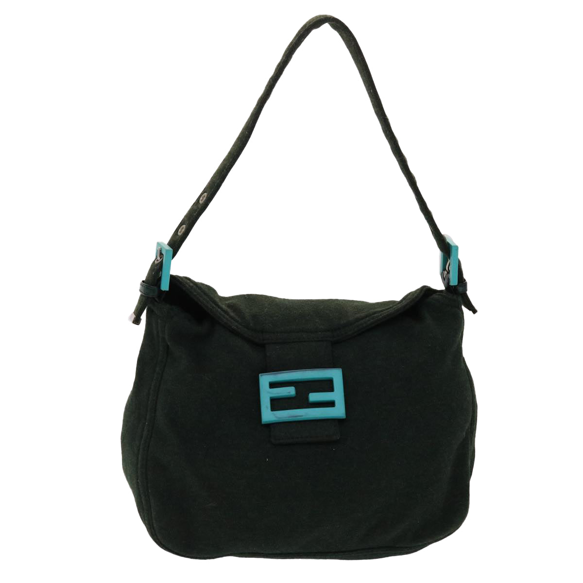 FENDI Mamma Baguette Shoulder Bag Canvas Khaki Turquoise Blue 48073