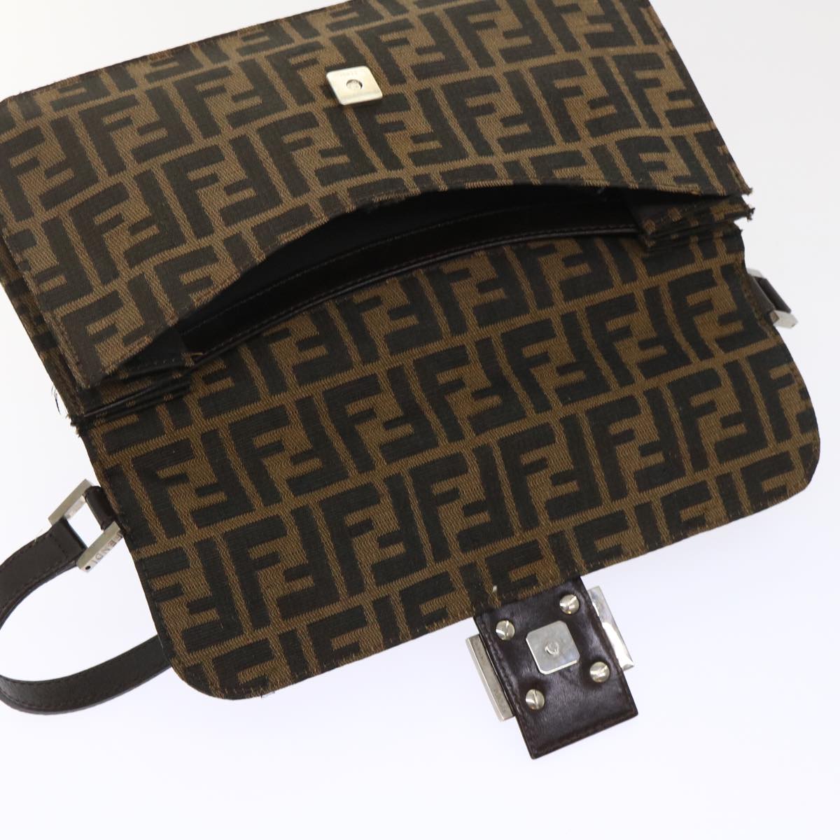 FENDI Zucca Canvas Mamma Baguette Shoulder Bag Leather Black Brown 48262