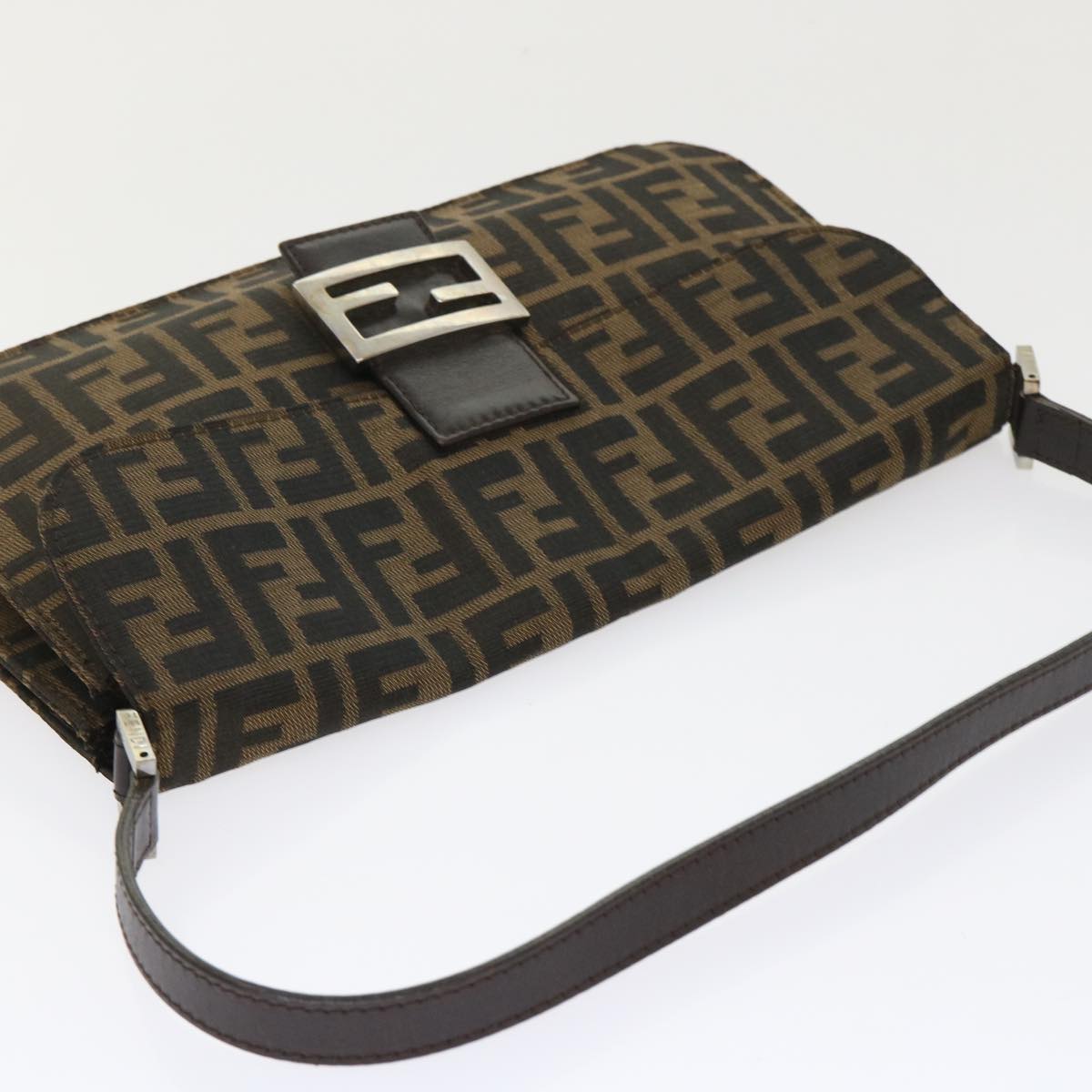 FENDI Zucca Canvas Mamma Baguette Shoulder Bag Leather Black Brown 48262