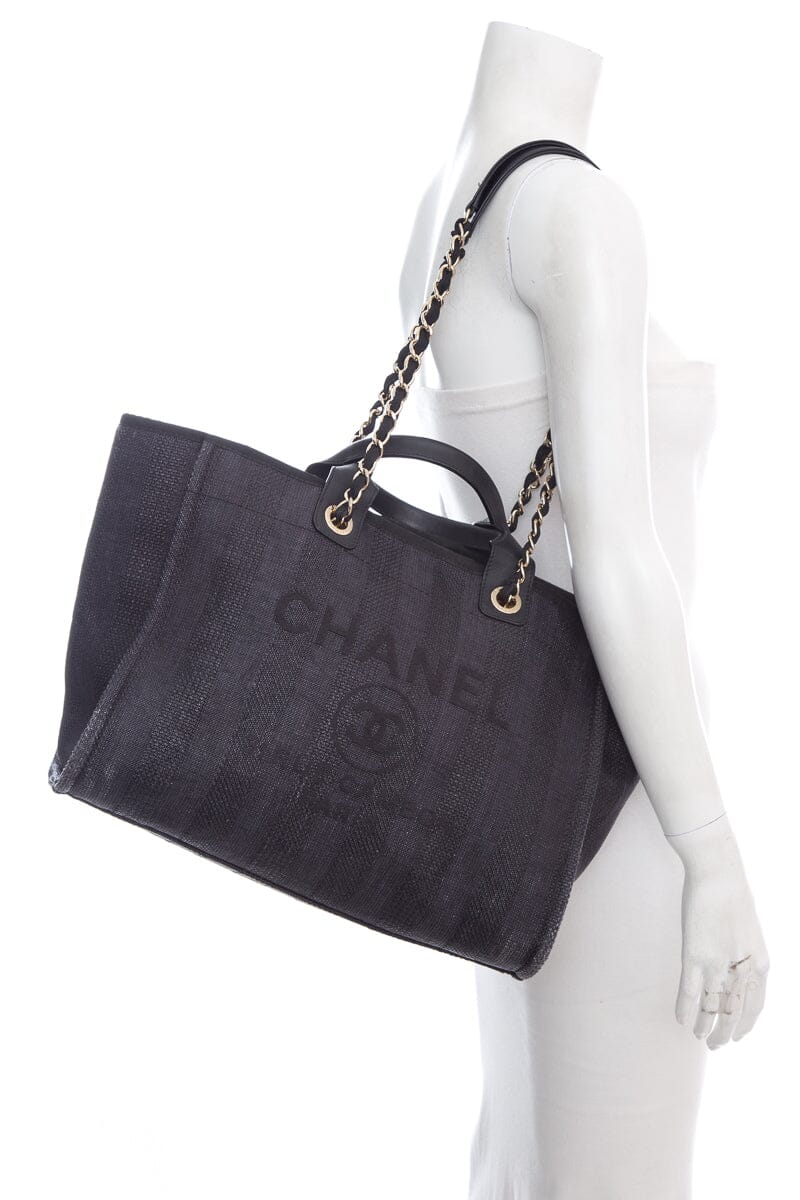 Chanel Chambray and Black Raffia Large Deauville Shopping Tote