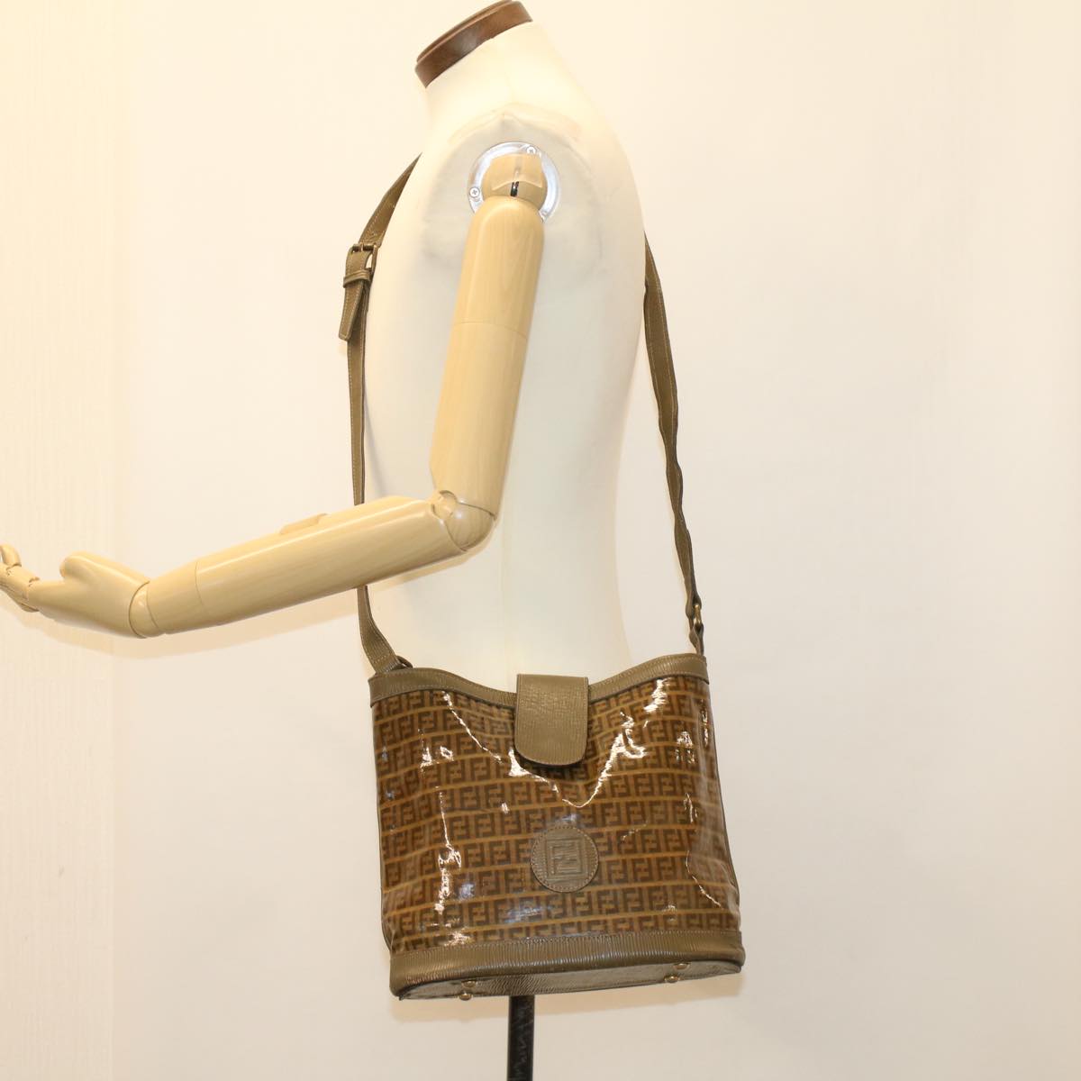FENDI Zucchino Canvas Shoulder Bag Brown 49490