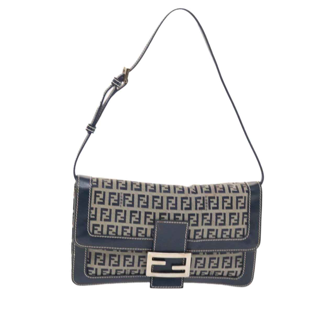 FENDI Zucchino Canvas Mamma Baguette Shoulder Bag Navy 49779