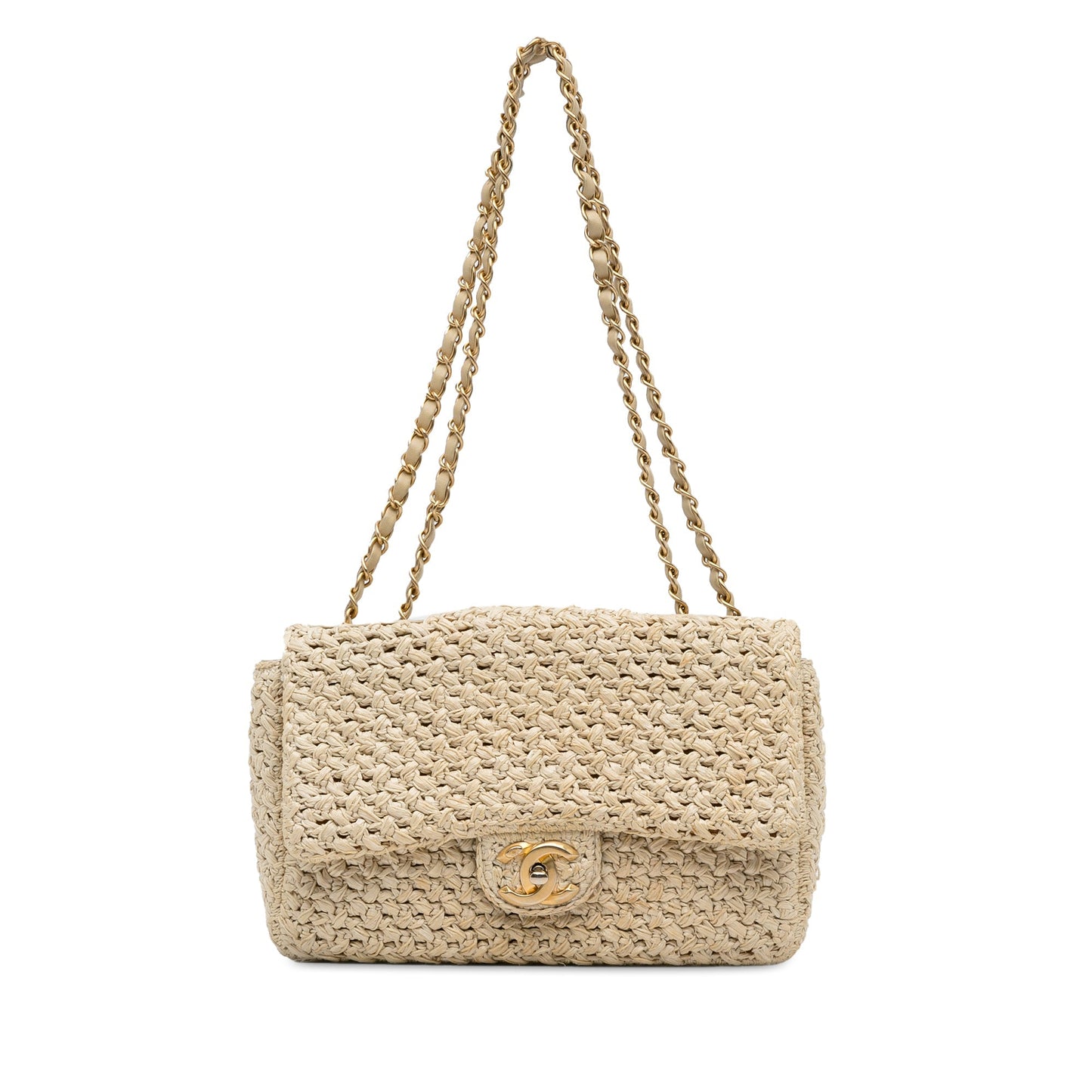 Chanel Single Flap Medium Brown Crochet Raffia Gold
