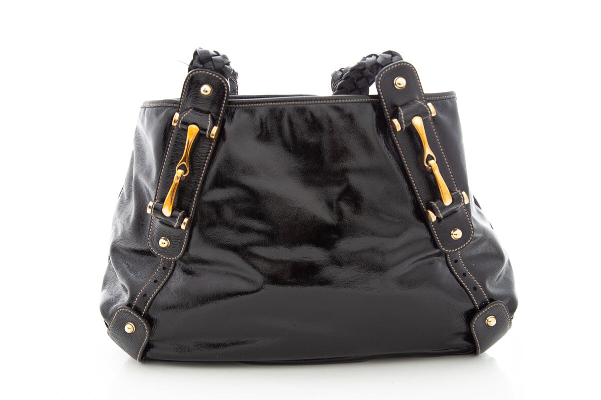 Gucci Black Patent Leather Handbag with Braided Handle and Horsebit Detail