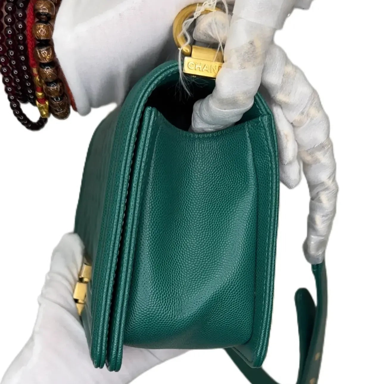 CHANEL Caviar Quilted Medium Boy Flap Dark Green B22-54
