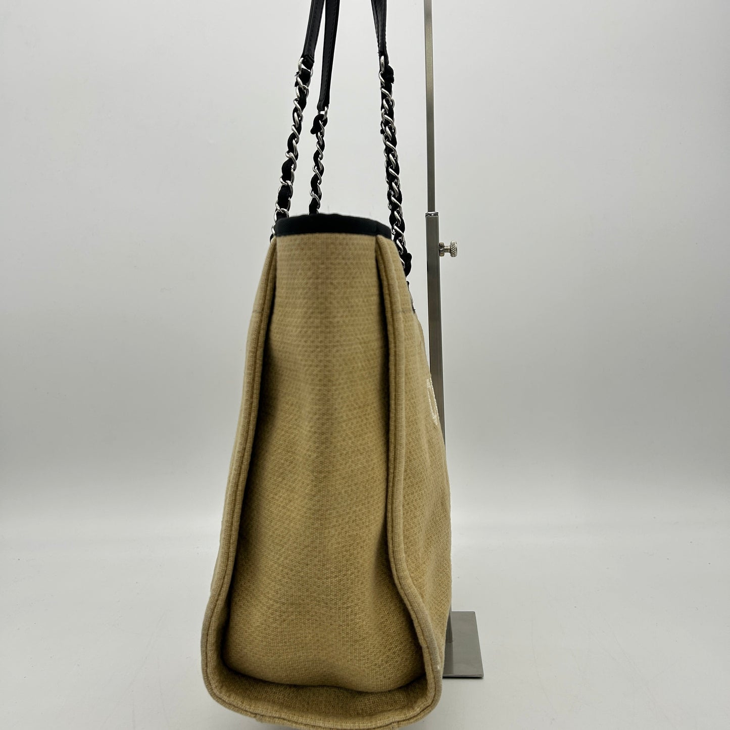 CHANEL Straw Raffia Calfskin Chain Medium Deauville Tote Beige LA42108