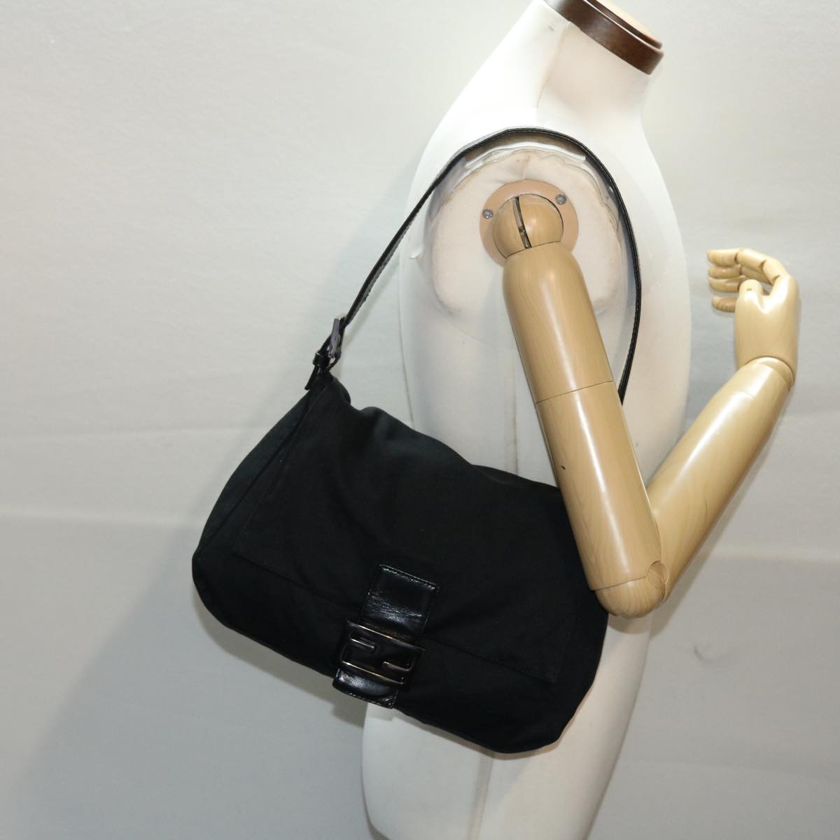 FENDI Mamma Baguette Shoulder Bag Nylon Black 50430