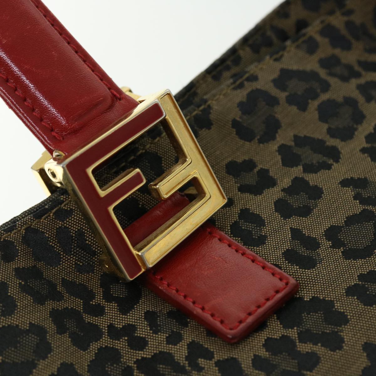 FENDI Leopard Hand Bag Nylon Leather Brown Red 50533