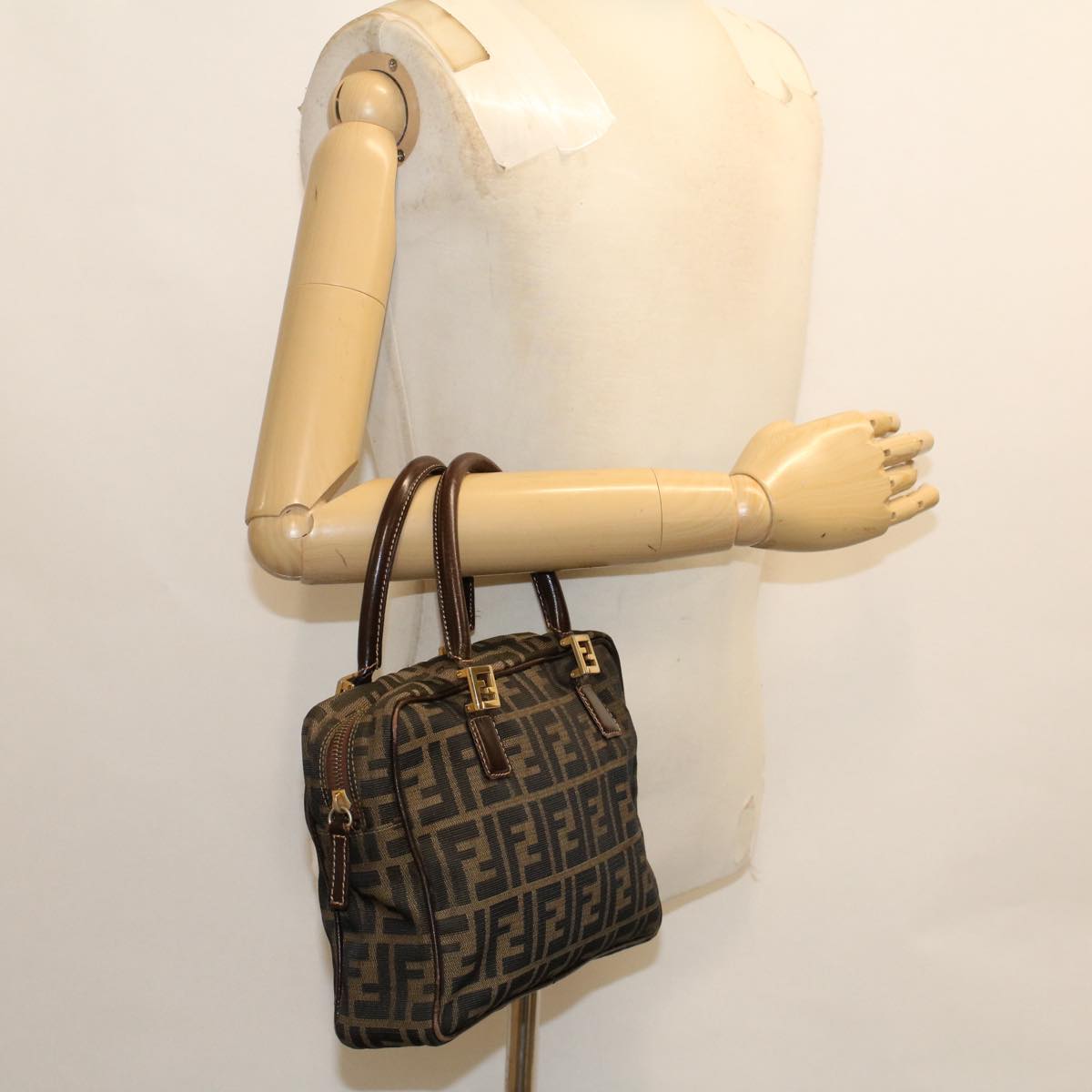 FENDI Zucca Canvas Hand Bag Nylon Brown Black 50568