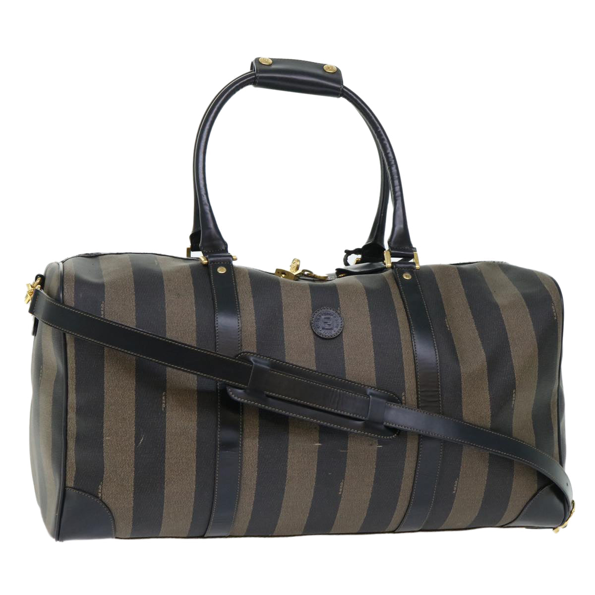FENDI Pecan Canvas Boston Bag Leather Brown Black 50604