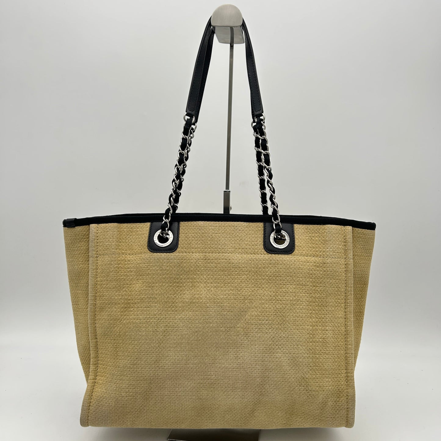 CHANEL Straw Raffia Calfskin Chain Medium Deauville Tote Beige LA42108
