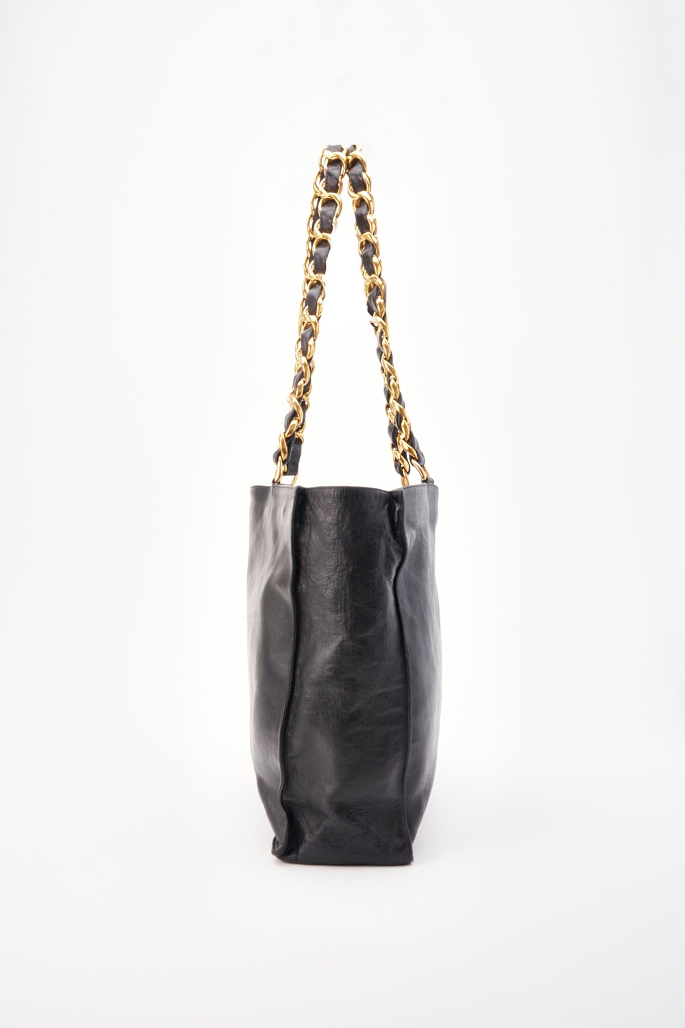 Vintage Chanel Black Leather Tote Bag with Chunky Gold Hardware