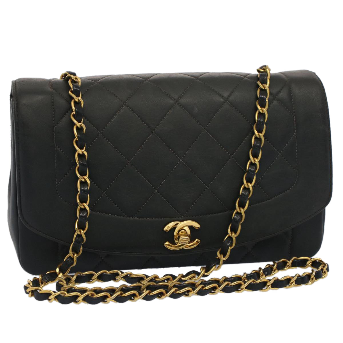 CHANEL Diana Matelasse Turn Lock Shoulder Bag Lamb Skin Black CC 51272A