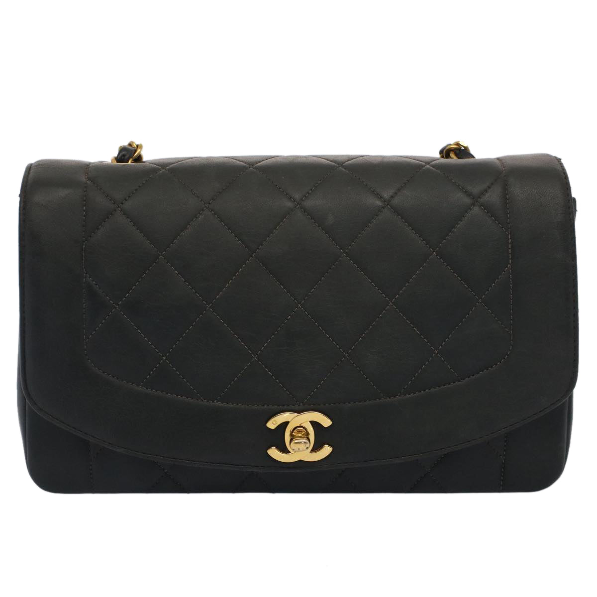 CHANEL Diana Matelasse Turn Lock Shoulder Bag Lamb Skin Black CC 51272A
