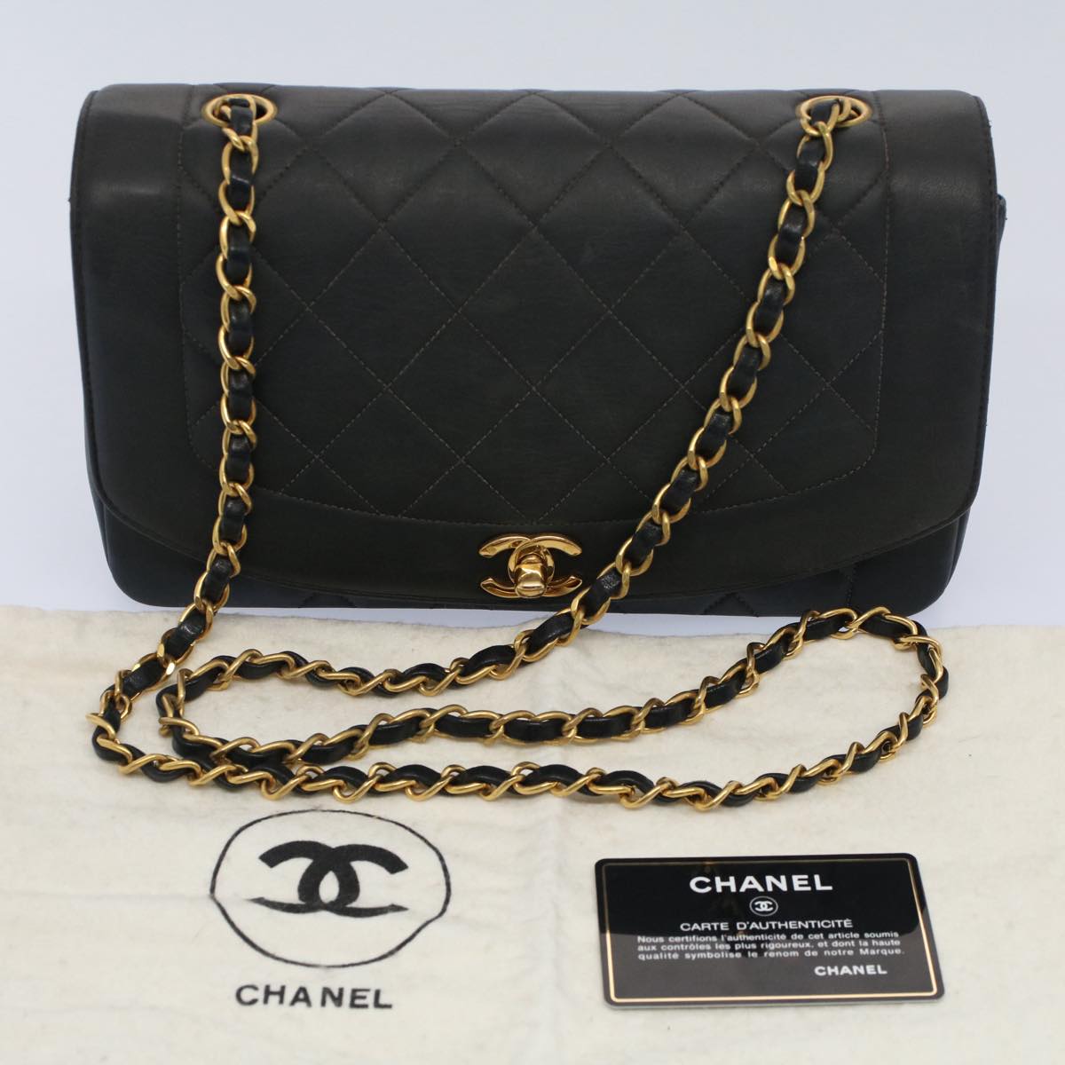 CHANEL Diana Matelasse Turn Lock Shoulder Bag Lamb Skin Black CC 51272A