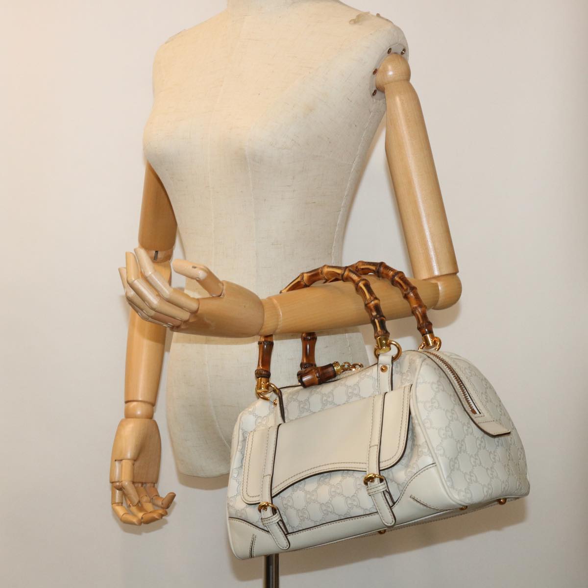 GUCCI GG Canvas Bamboo Guccissima Hand Bag White 159400 51331