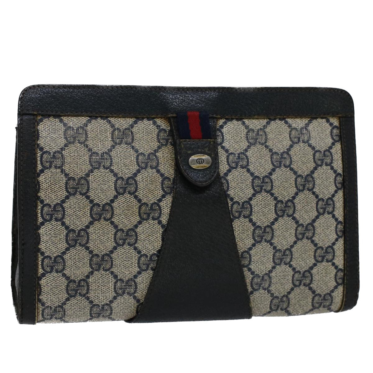 GUCCI GG Canvas Sherry Line Clutch Bag Gray Red Navy 89.01.032 51456