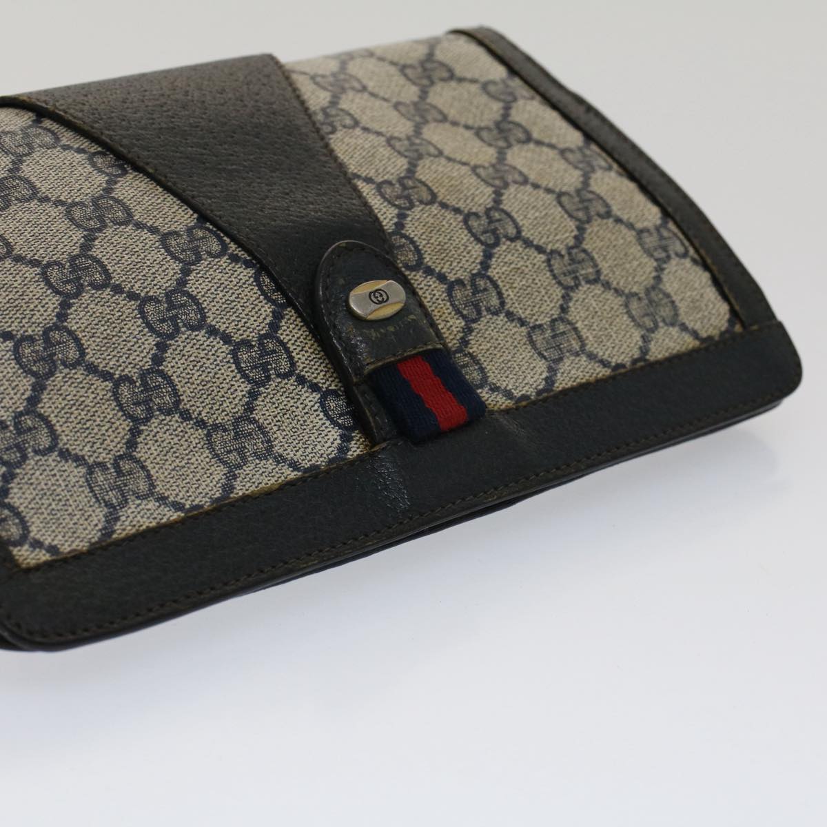 GUCCI GG Canvas Sherry Line Clutch Bag Gray Red Navy 89.01.032 51456