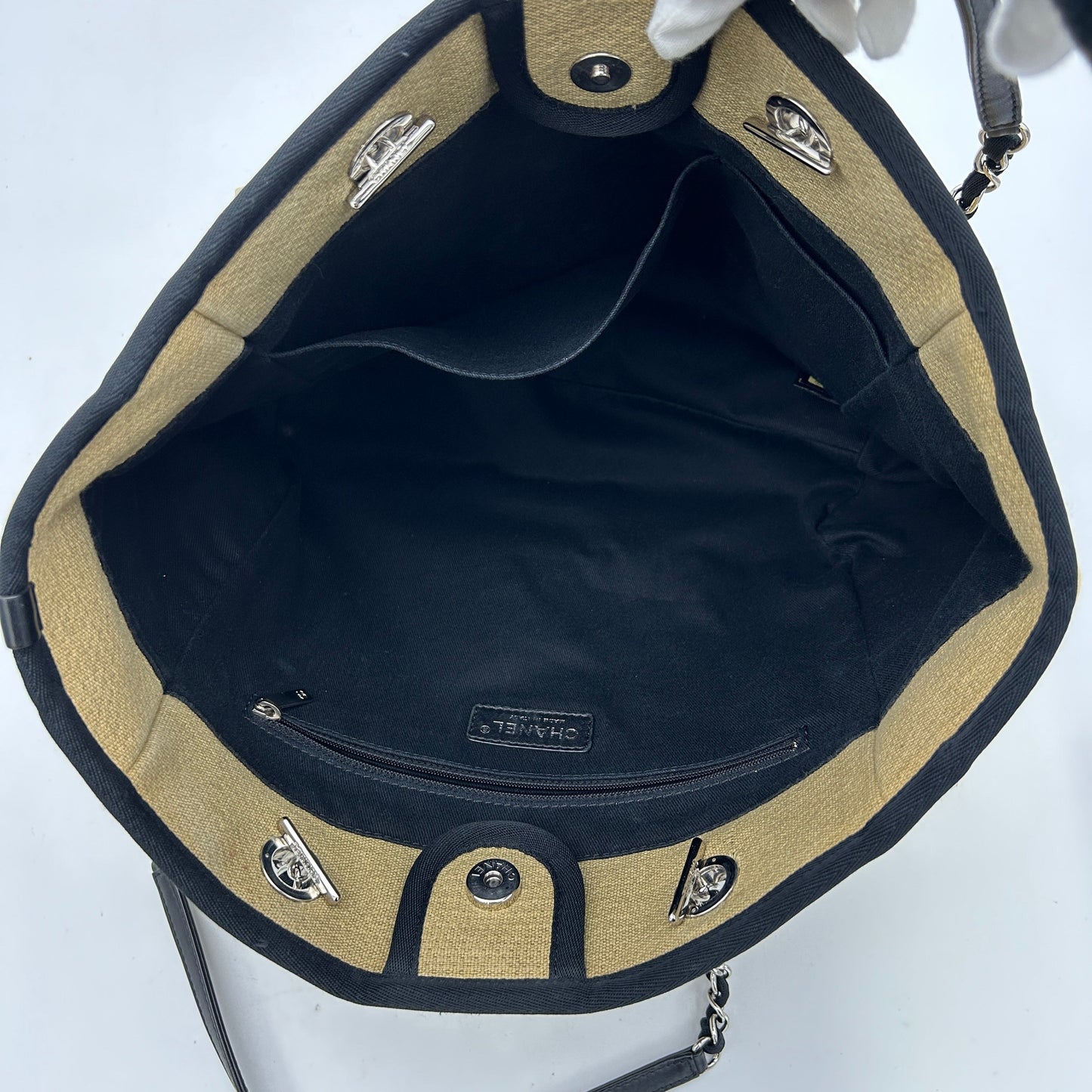 CHANEL Straw Raffia Calfskin Chain Medium Deauville Tote Beige LA42108