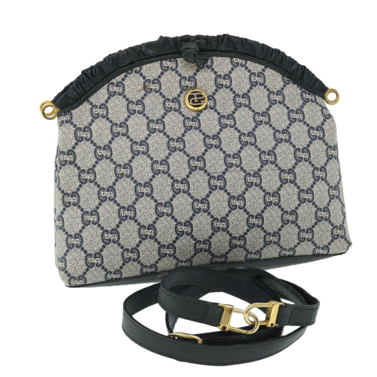 GUCCI GG PLUS Canvas Shoulder Bag PVC Leather Navy 51653