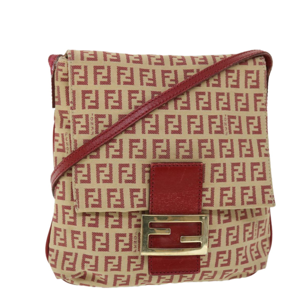 FENDI Zucchino Canvas Mamma Baguette Shoulder Bag Beige Red 52738