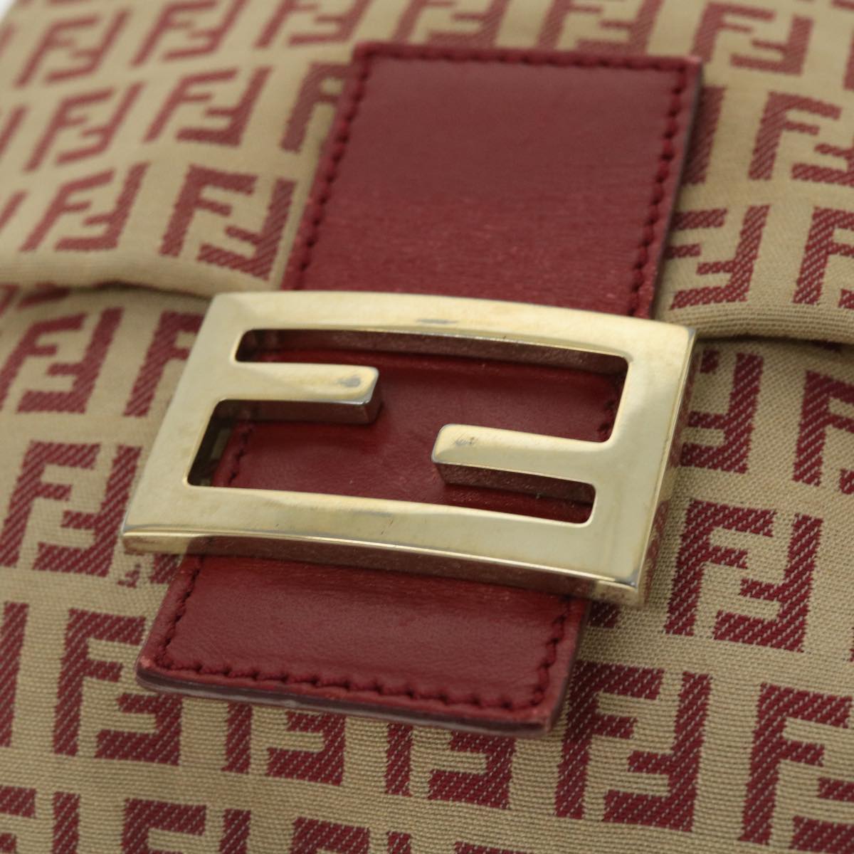 FENDI Zucchino Canvas Mamma Baguette Shoulder Bag Beige Red 52738