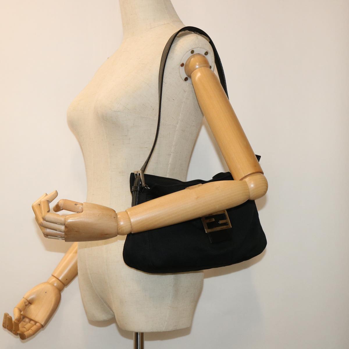 FENDI Mamma Baguette Shoulder Bag Coated Canvas Black 52742