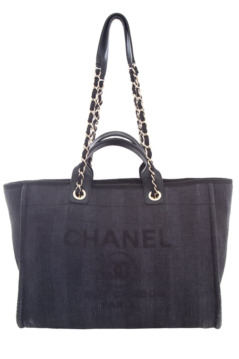 Chanel Chambray and Black Raffia Large Deauville Shopping Tote