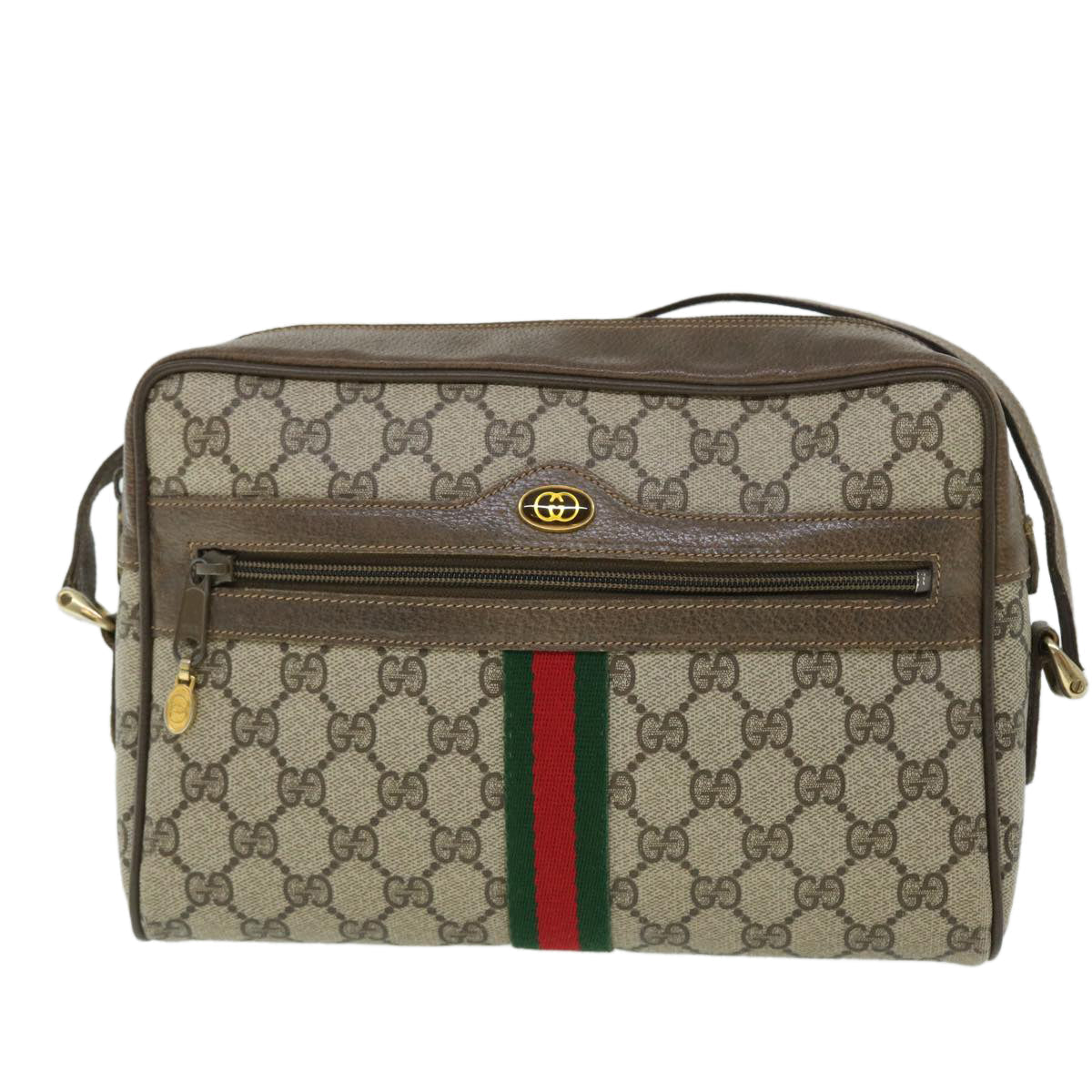 GUCCI GG Canvas Web Sherry Line Shoulder Bag PVC Leather Beige Green 52918