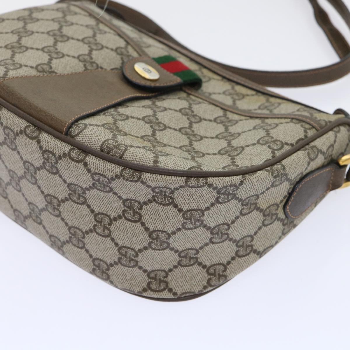 GUCCI GG Canvas Web Sherry Line Shoulder Bag PVC Leather Beige Green 53255