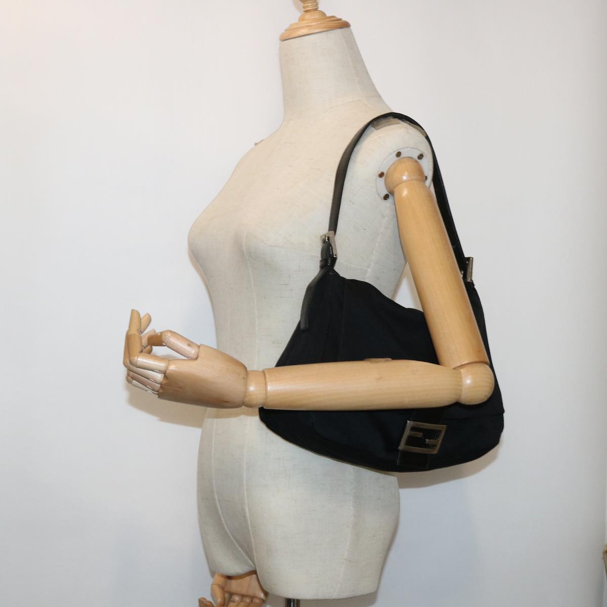 FENDI Mamma Baguette Shoulder Bag Nylon Black 53376