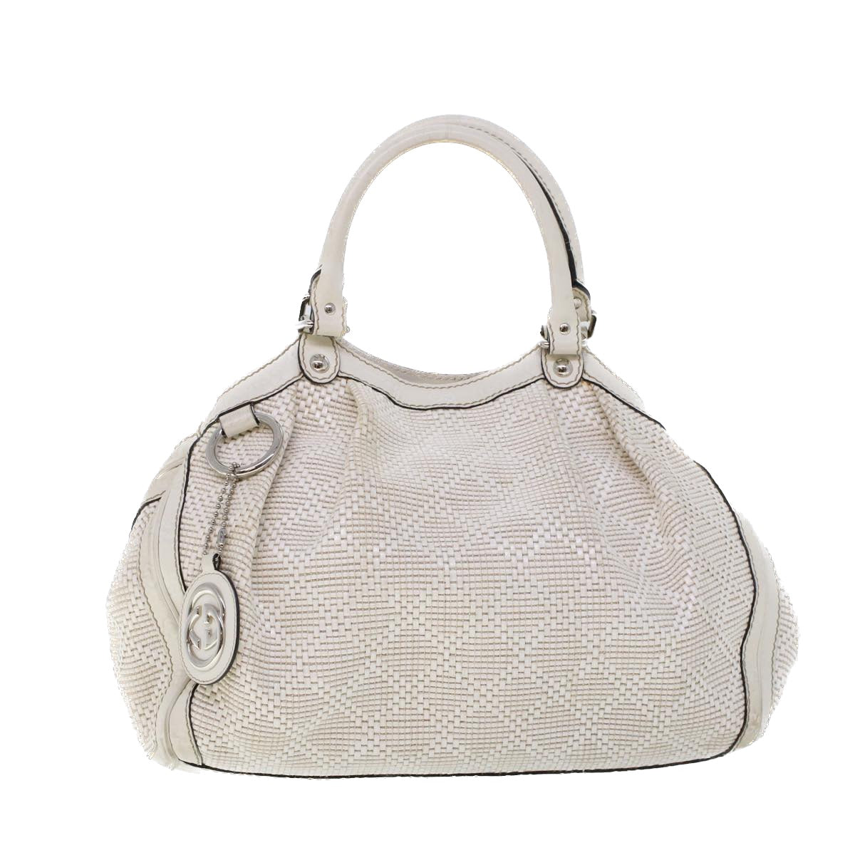 GUCCI Hand Bag Straw Leather White 211944 53671