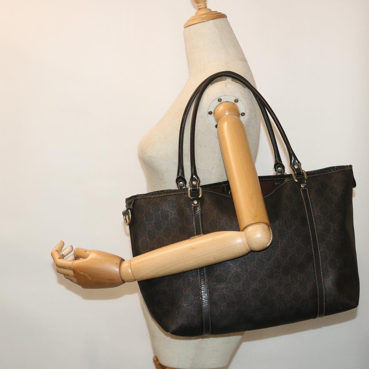 GUCCI GG Canvas Tote Bag PVC Leather Brown 53675