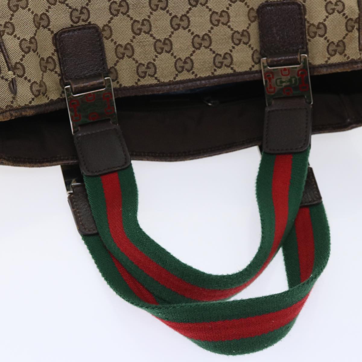GUCCI GG Canvas Web Sherry Line Hand Bag Canvas Leather Beige Green 53681