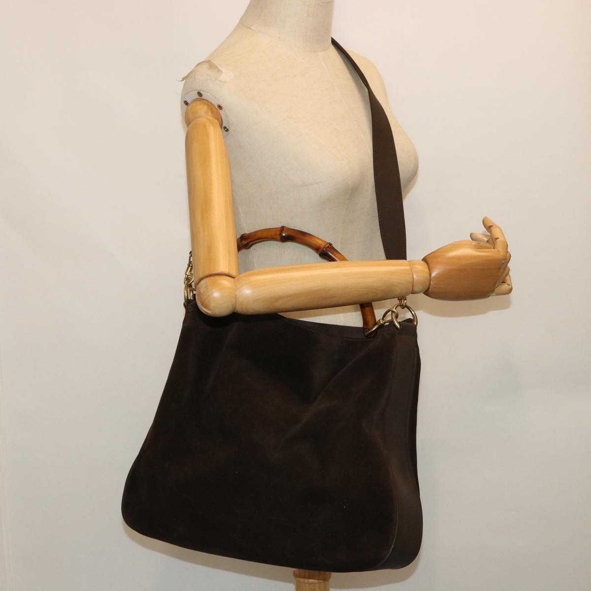 GUCCI Bamboo Hand Bag Suede 2way Brown 53691