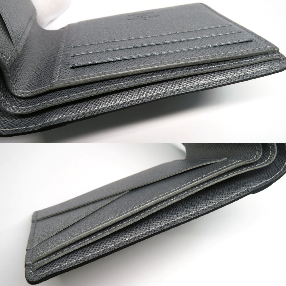 Louis Vuitton Portefolio Multipur M30843  Monogram Taiga Double Fold Wallet Silver Gr Card Compact Coinless Leather Mens