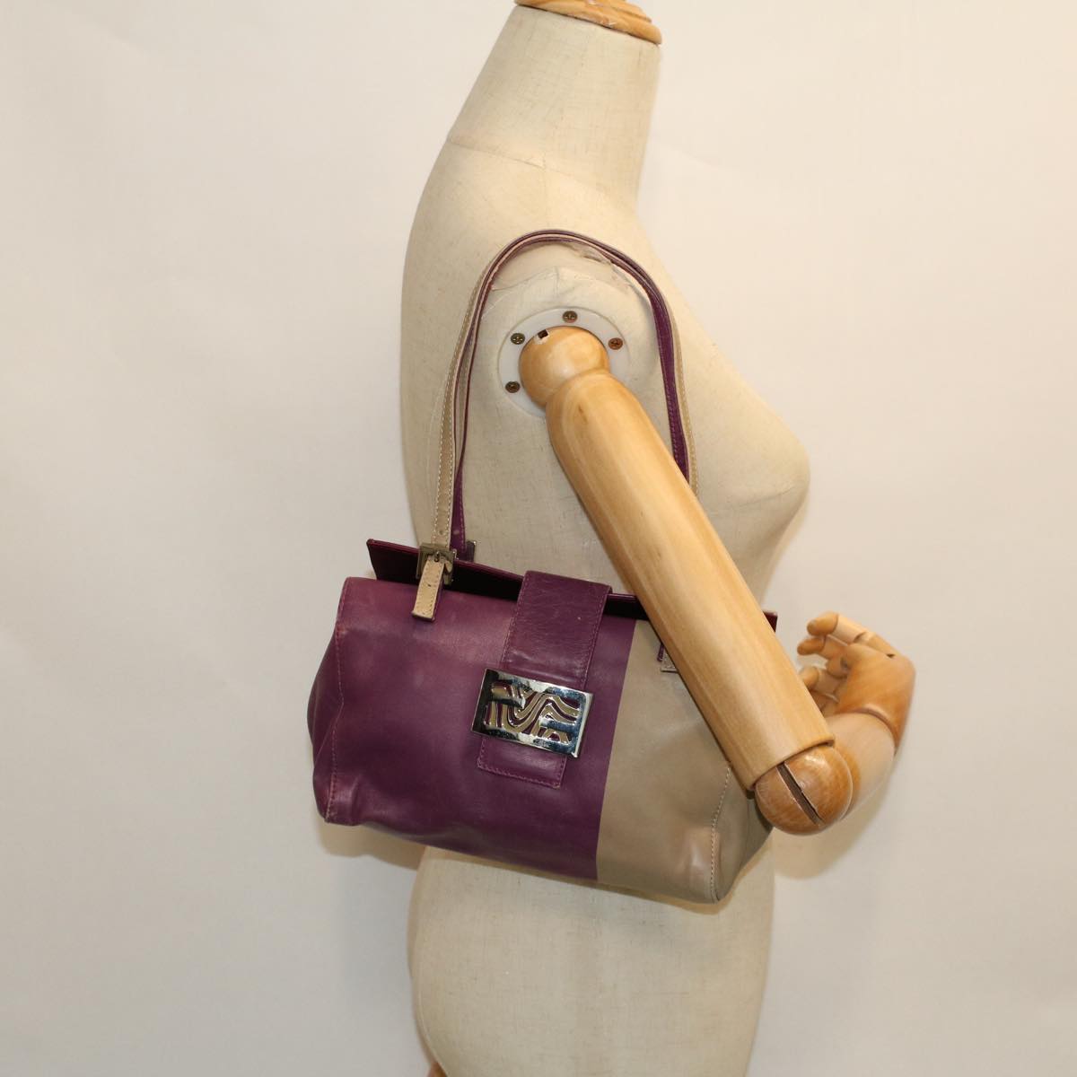 FENDI Mamma Baguette Hand Bag Leather Beige Purple 53742