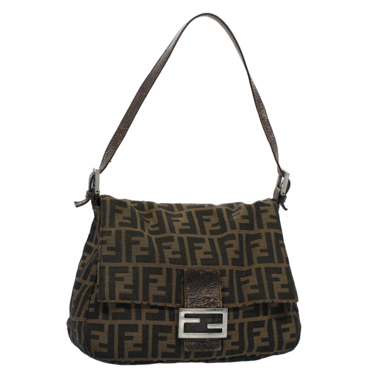 FENDI Zucca Canvas Mamma Baguette Shoulder Bag Black Brown 53745