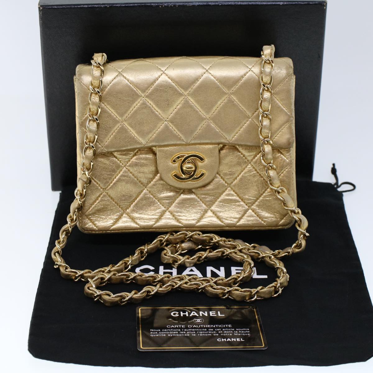 CHANEL Matelasse Turn Lock Chain Shoulder Bag Lamb Skin Gold CC 53752A